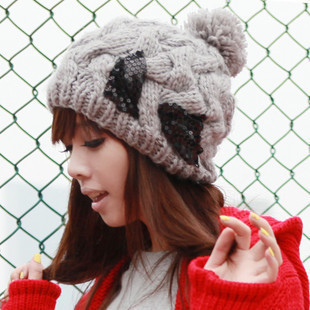 Twisted paillette bow large sphere knitting wool knitted hat knitted hat ear female autumn and winter