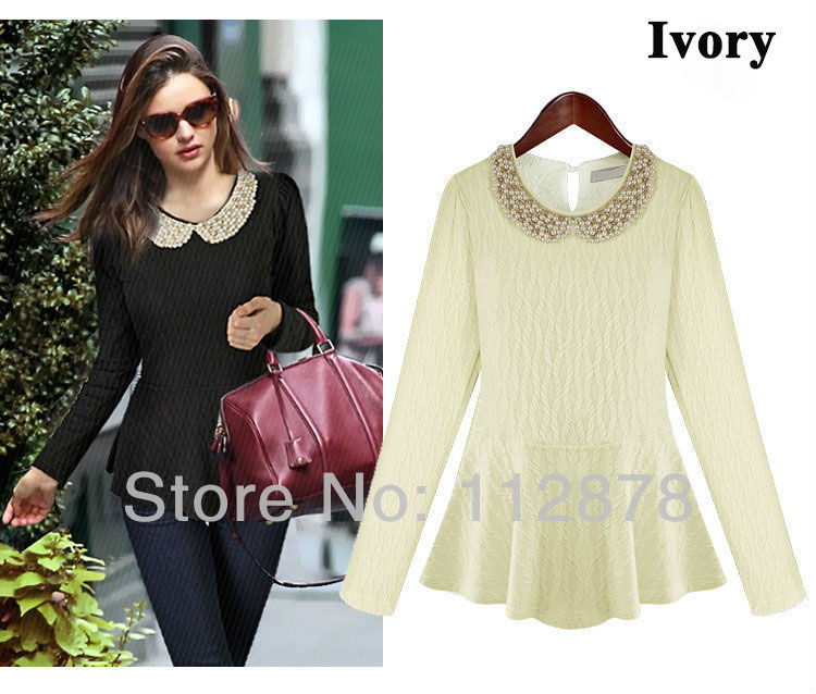 Two Color,Size S/M/L/XL,2013 Eropean New Style Slim Long Sleeve Pearl Collar Bottom/Primer Ladies Shirts,Wholesale,LJ262