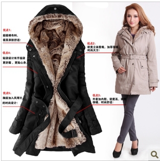 Two Colors 2012 Faux fur lining women's winter warm long fur coat jacket clothes wholesale Trench Free Shipping S-XXL