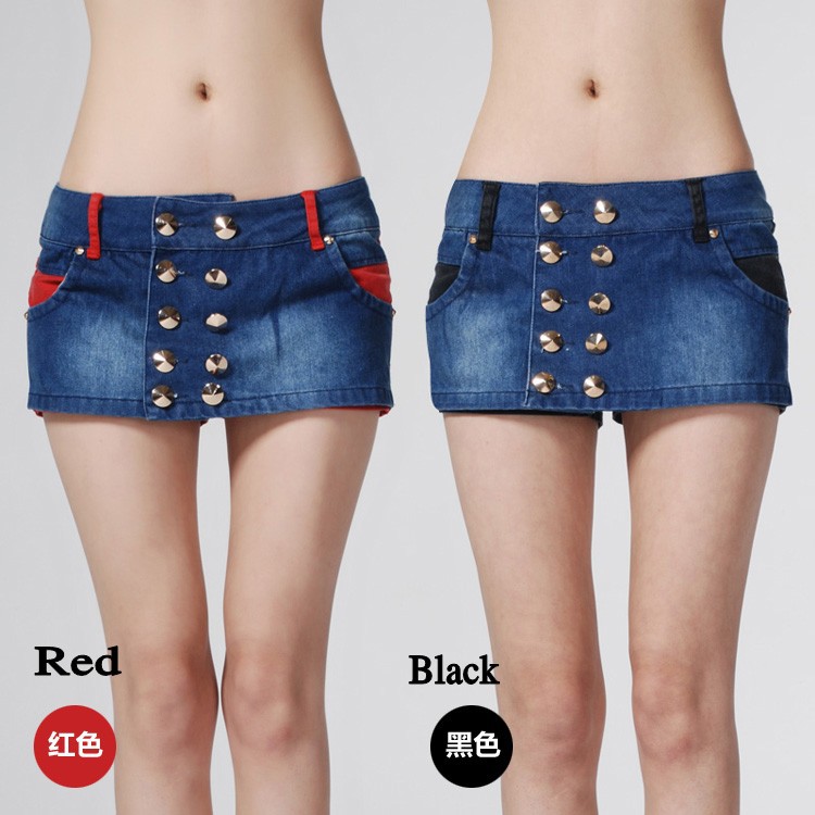Two Colors Fashion Patchwork Low Waist Denim Shorts Double Breasted Skirt Short Fashion Pants(XXS-XXL)