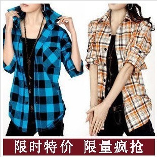 Two ways long-sleeve short-sleeve women's plaid shirt ladies plaid shirt 2012 autumn plus size Women plaid shirt female