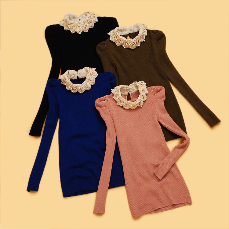 U1-3-4 winter new arrival women's beading double layer petal collar puff sleeve slim rib knitting sweater basic shirt
