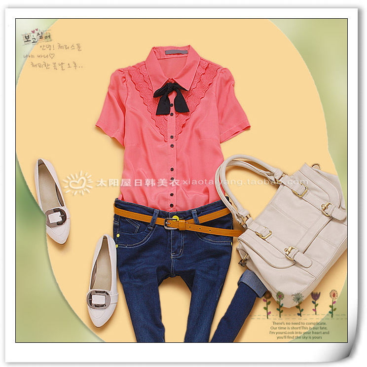 U5-3-4 women's preppy style wave embroidered ruffle bow shirt