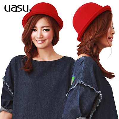 Uasu autumn and winter woolen roll-up hem fedoras women's vintage dome hat