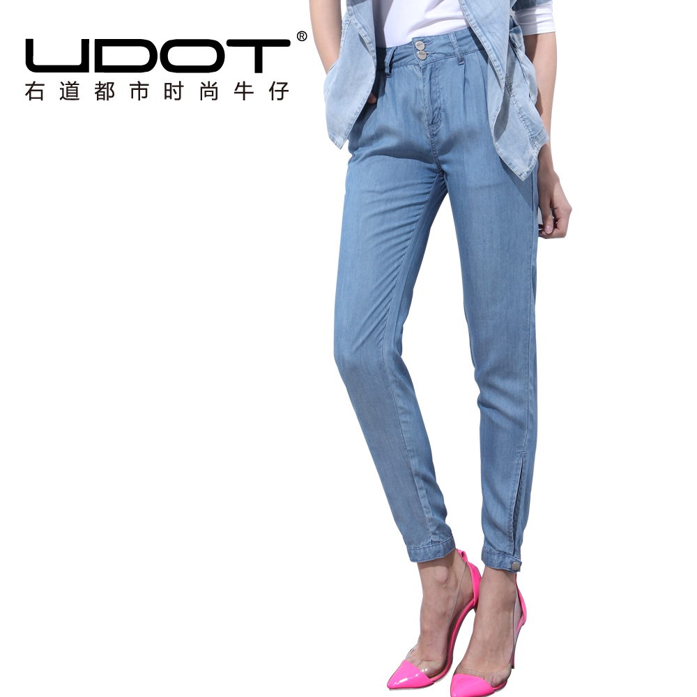 Udot2013 spring light blue tencel mid placketing mere loin waist jeans female u618