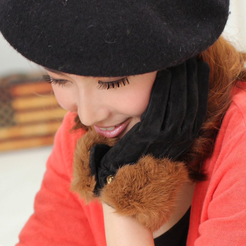 Ukyo women's pig suede leather fashion gloves thermal bulkness rabbit fur long design gloves leather