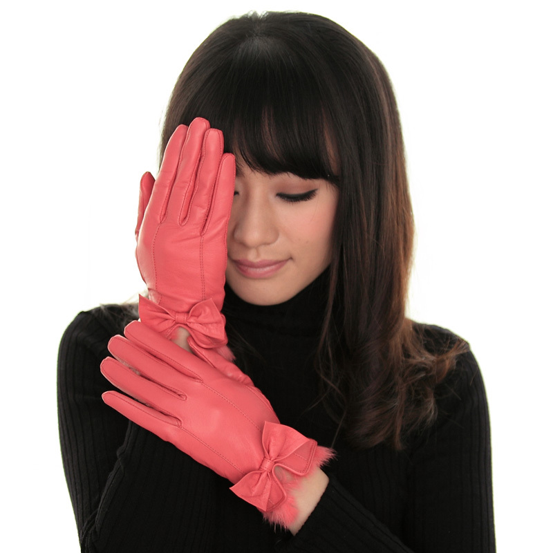 Ukyo women's quality sheepskin genuine leather gloves big bow rabbit fur thin repair autumn and winter