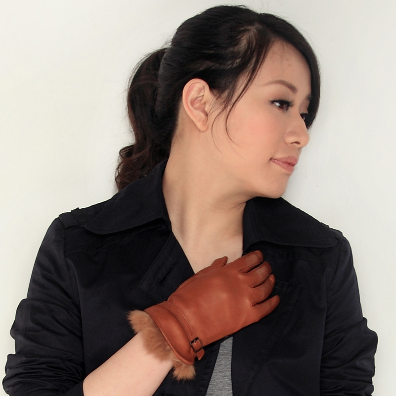 Ukyo women's sheepskin genuine leather gloves rabbit fur bow leather buckle on autumn and winter spring thermal repair