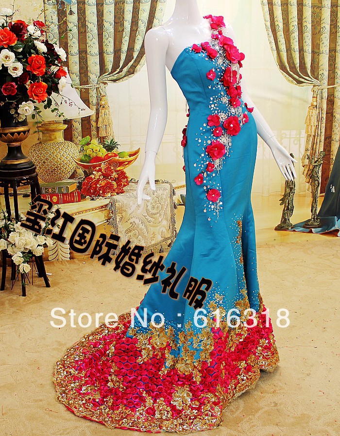 Ultimate Luxury Appliques Beading Formal Dress Spring Festival Gala Hostess Costume Bridal or Evening Dress Free Shipping