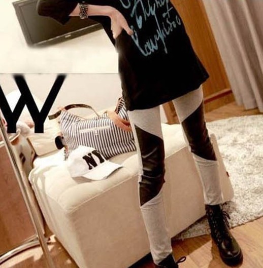 Ultra elastic faux 2012 knee symmetrical patchwork faux leather fashion legging all-match