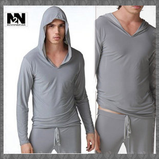 Ultra elastic yoga top male long-sleeve silky sleepwear lounge hooded casual top