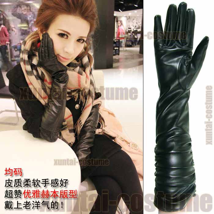 Ultra soft faux leather gloves women's gloves long arm sleeve zf pleated beam port