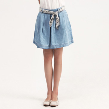 Ultra-thin 2013 100% cotton denim skirt pants shorts puff skirt pants pleated shorts with belt