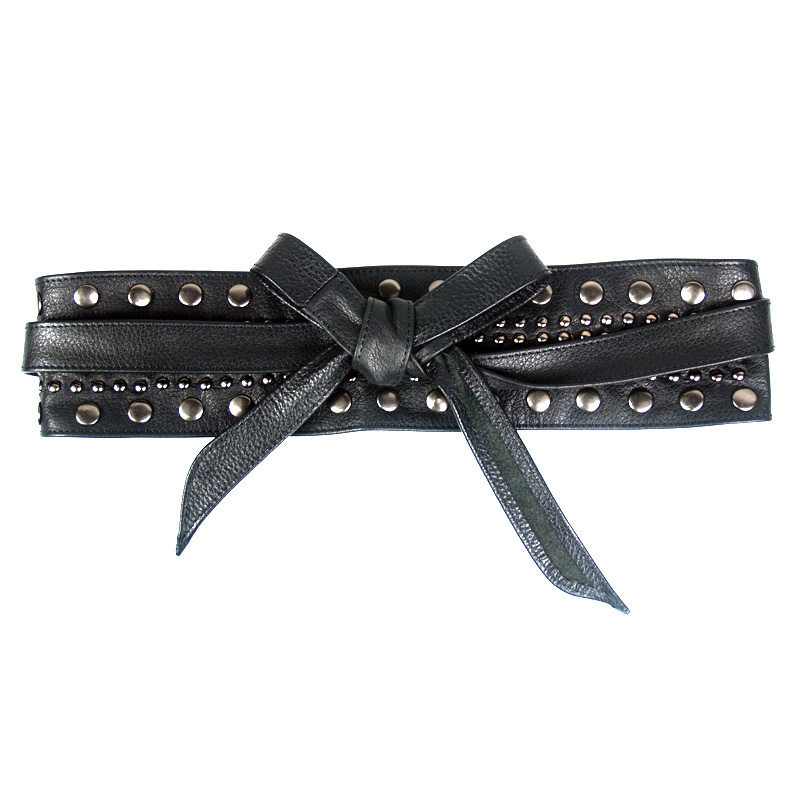 Ultra wide genuine leather belt first layer of cowhide women's tieclasps strap black lacing rivet decoration cummerbund
