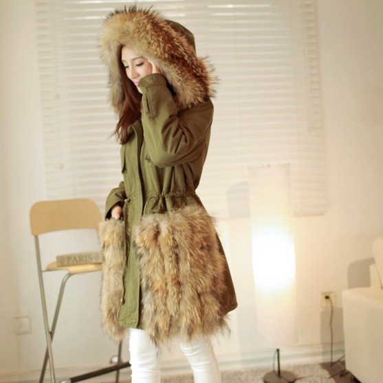 Ultralarge 2012 winter raccoon fur medium-long thickening thermal Army Green wadded jacket cotton-padded jacket overcoat LDX