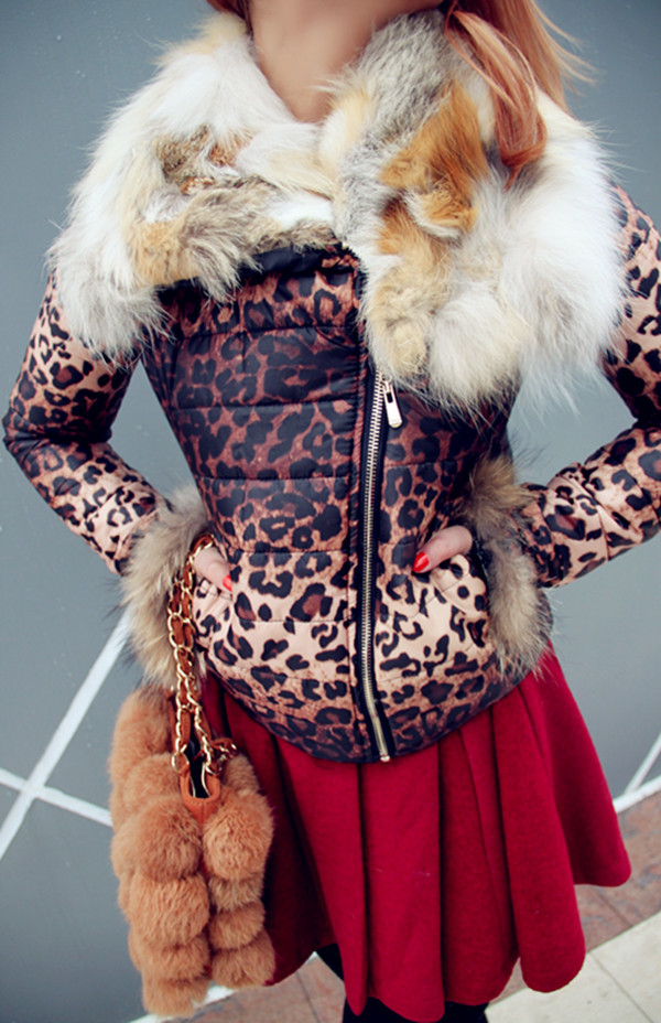 Ultralarge gradient color fox fur sexy leopard print small cotton-padded jacket