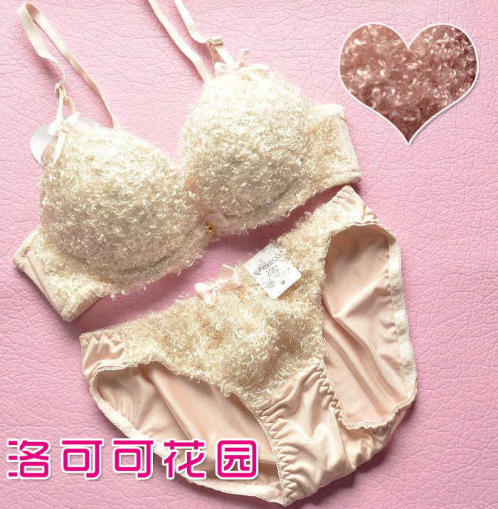 Underwear bra push up set beige circle velvet rhinestone sexy 2