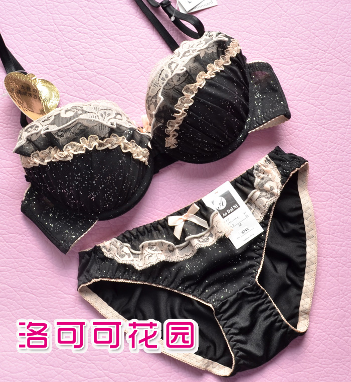 Underwear bra push up set black chiffon lace sexy