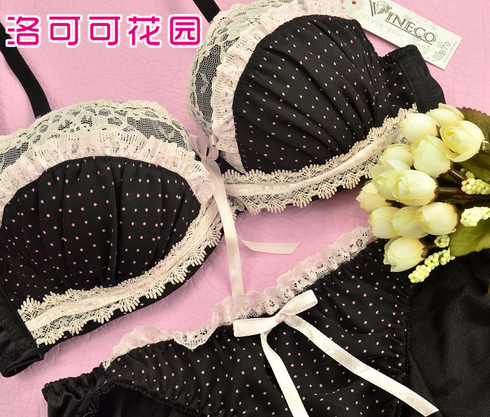 Underwear bra set push up sexy lace black polka dot