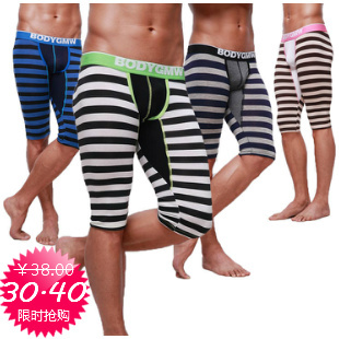 Underwear gmw male legging modal tight lounge pants male stripe knee-length pants 100779