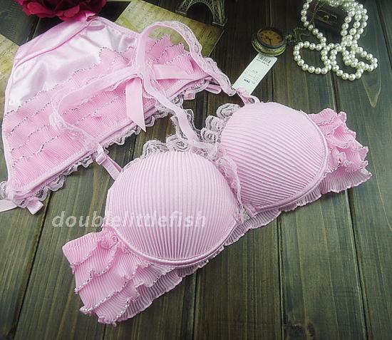 Underwear pleated lace front button push up bow bra set