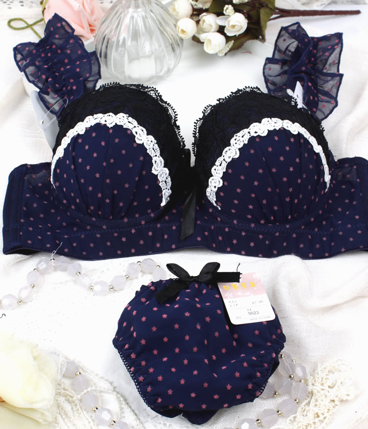 Underwear rustic female gauze 3 breasted side gathering dot bow bra push up bra set