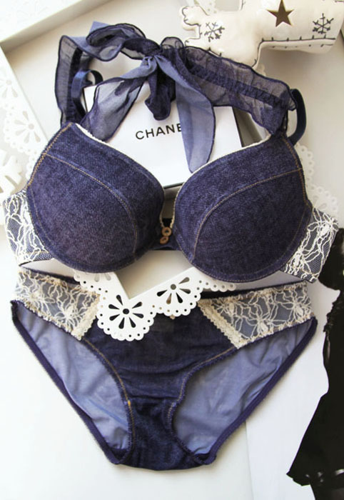 Underwear set denim lace small push up fashion adjust bra sexy