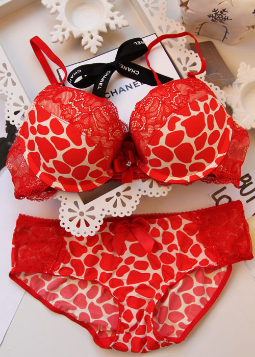 Underwear sexy leopard print lace small deep V-neck push up bra set fashion red