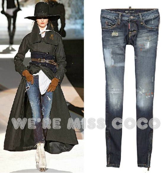 Unique Cool Street Style Zip Leg Opening Paint Frayed Processed Low Rise Skinny Denim Jeans for Ladies Women