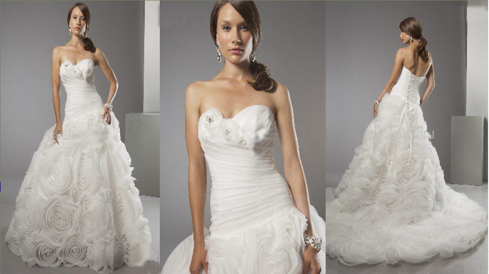 Unique design Sweetheart Hand Made Flower Chapel Train Organza Wedding Dresses Wedding Gown Dress