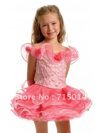 Unique Popular Pink Rosette Organza Ball Gown Christmas Crystals Short Pageant Flower Girl Dress/Children Party Dress FD71