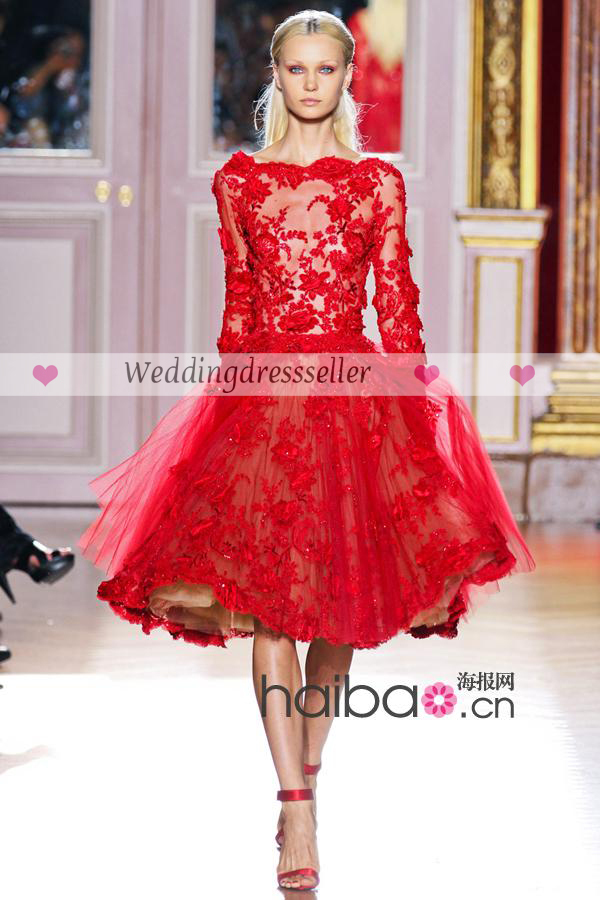 Unique Red Embroidery Applique Knee-length Tulle Beaded Prom Gowns Celebrity Dress