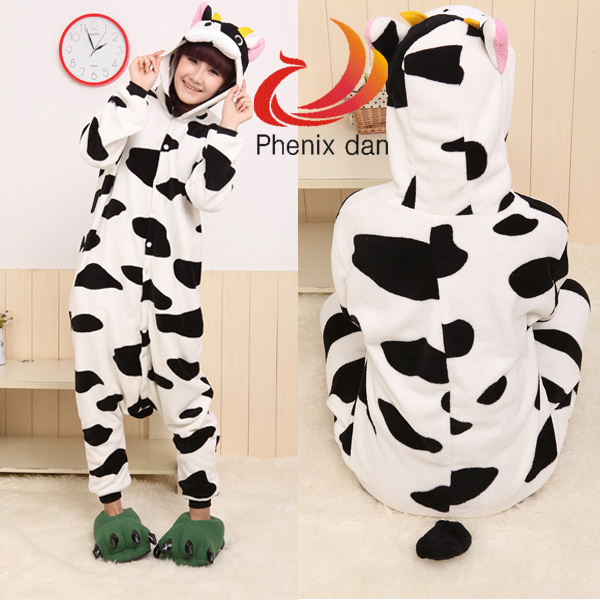 Unisex Cow Animal Costume Hooded Christmas Party Fleece Pajamas Pyjama Sleepwear Free Shipping