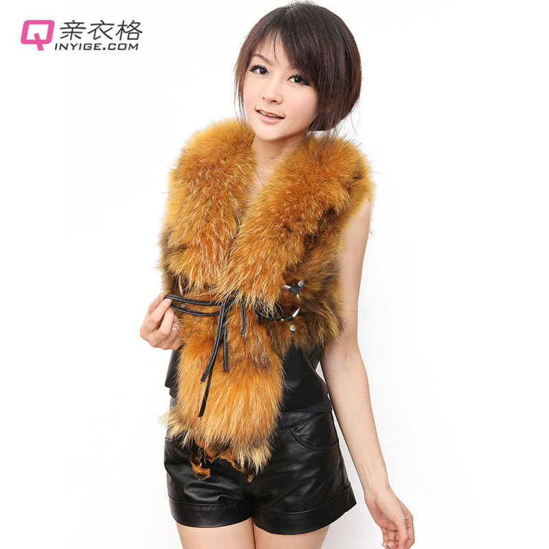 [UPS Free Shipping] Fashion Raccoon Collar Vest Fox Fur Sheepskin Leather BackSide Vest gilet (PC-10)