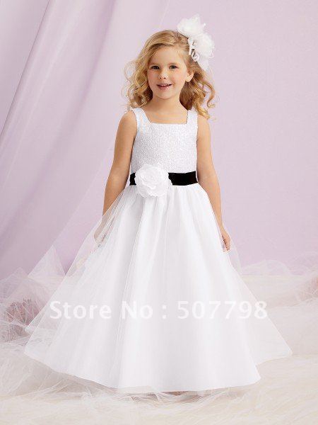 UPS Freeshipping 2-12 square collar a-line beaded ribbon waistband flower girl dress, formal gown for girl in wedding