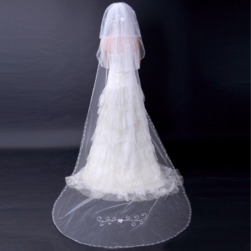Urged bride quality bridal veil wedding dress veil embroidered long veil 049 white
