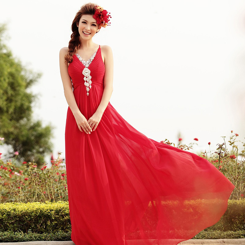 Urged bride wedding formal dress long design red evening dress costume 276