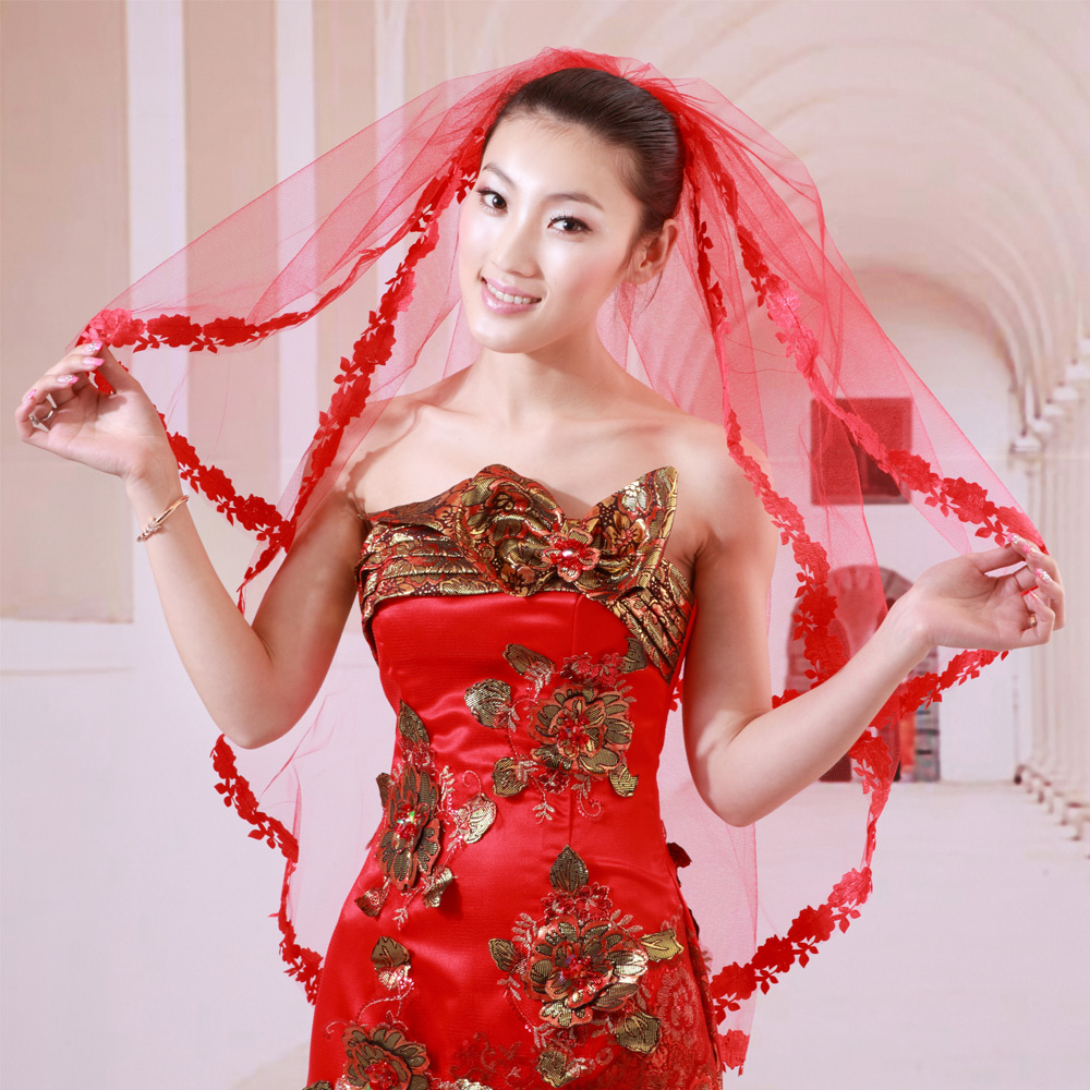 Urged quality bridal bride veil wedding dress veil long veil 035 veil red