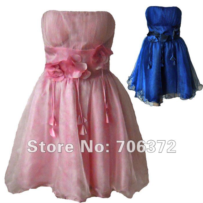 US(4to12)pink blue ball gown strapless Tube short knee party Communion Graduation Dress B7-4/FD7