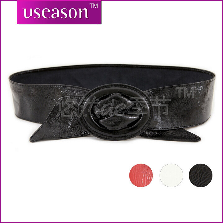 Useason beautiful quality patent leather bow women's cummerbund genuine leather wide belt strap u130 (BL003)