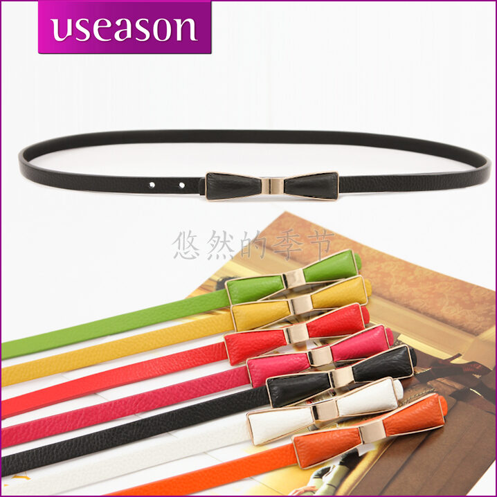Useason bow female cowhide candy color thin belt quality women's genuine leather strap u260 (BL003)