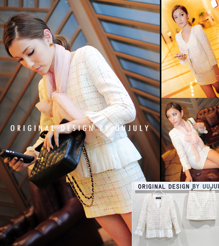 Uujuly checked knitted cloth pure silk liner pleated set pearl white s m