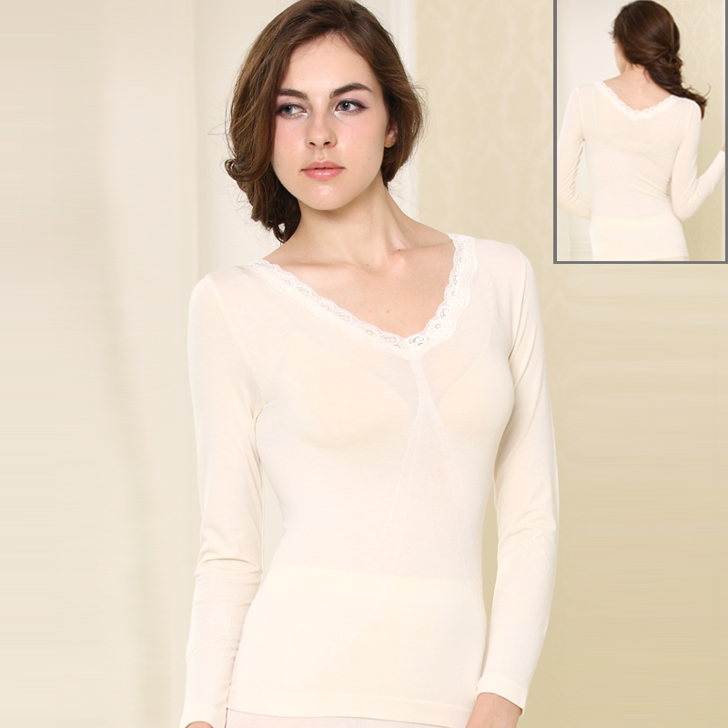 V-neck lace modal cotton thin sweater body shaping low-collar shirt basic single thermal top