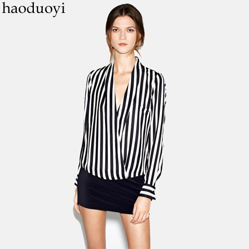 V-neck long-sleeve autumn and winter female shirt black and white stripe cross shirt