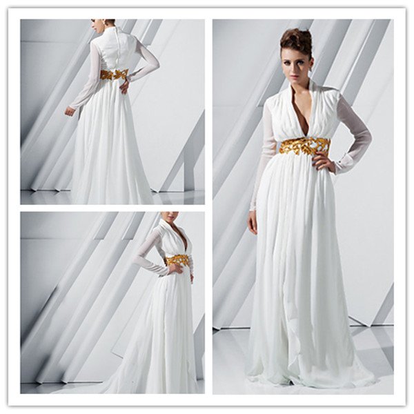 V Neck Long Sleeves A Line Floor Length Noble Waist white Prom Party Evening Leelee Sobieski Celebrity Dresses
