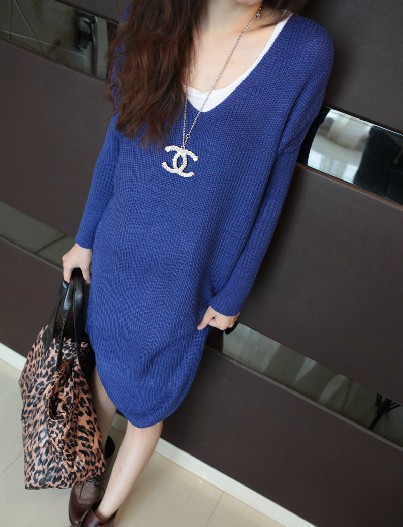 V-neck loose big sweater ultra long paragraph long-sleeve sweater chromophous