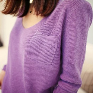 V-neck pocket plus size loose pullover candy color sweater pullover basic sweater outerwear