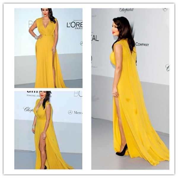 V Neck Sleeveless A Line Floor Length Kim Kardashian Celebrity Dresses 2013  Free Shipping