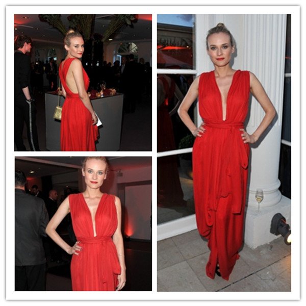 V Neck Sleeveless A Line Red  Diane Kruger Celebrity Dresses 2012