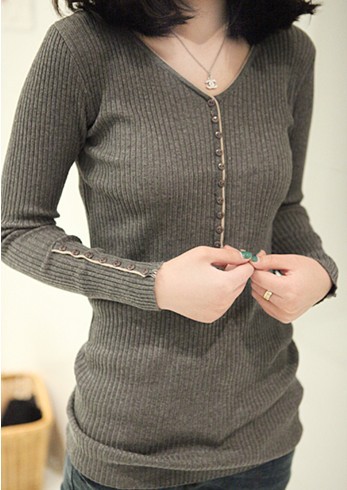 V-neck slim basic shirt female long-sleeve low collar sweater vintage pullover sweater